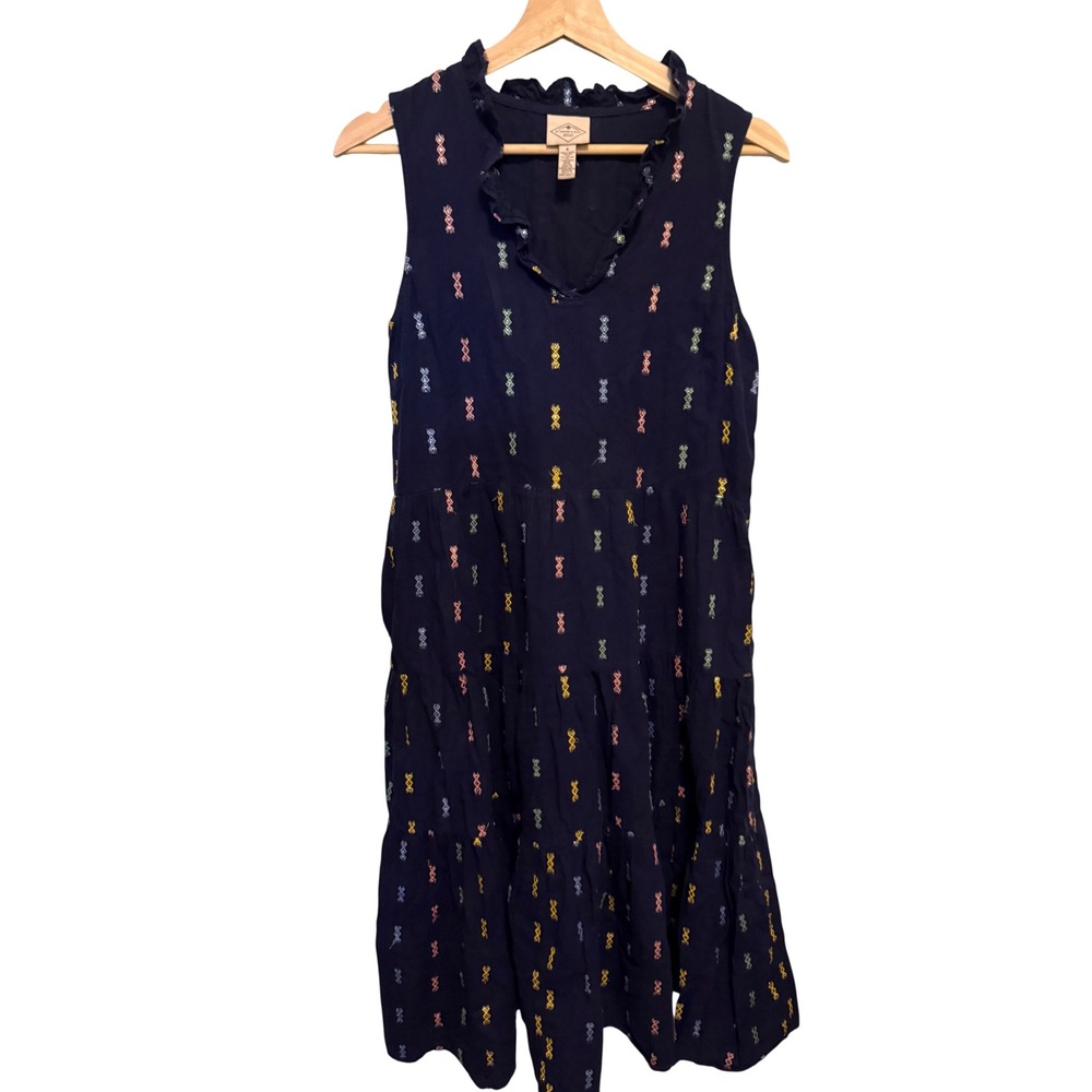 St Johns Bay Navy Blue Embroidered Tiered Ruffle Sleeveless Midi Dress Small